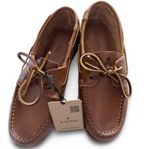 Scalpers Curiel Boat Shoes Mens Sz 7 Brown Leather Skull Logo Moccasins NEW